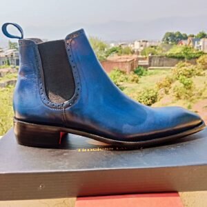 Blue Chelsea Boots with chiseled toe design – handcrafted leather footwear for men