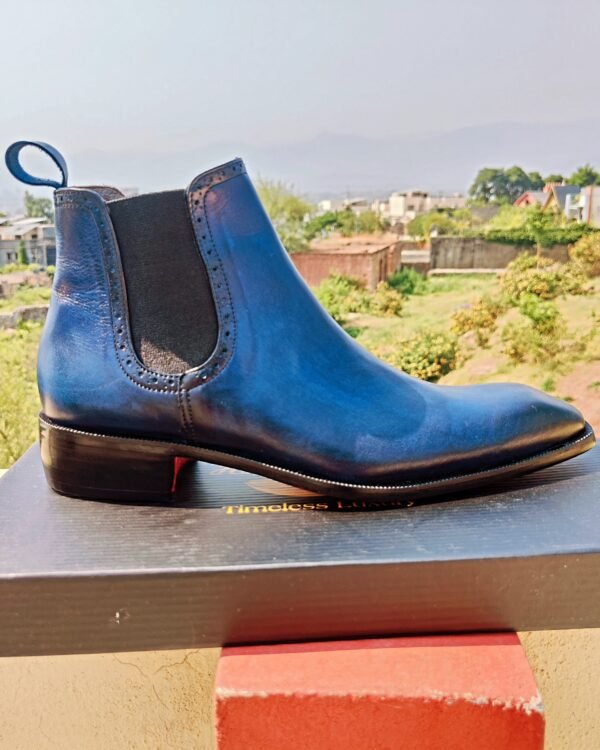 Blue Chelsea Boots with chiseled toe design – handcrafted leather footwear for men