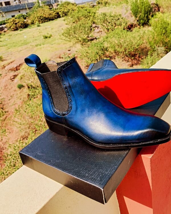 Blue Chelsea Boots with chiseled toe design – handcrafted leather footwear for men