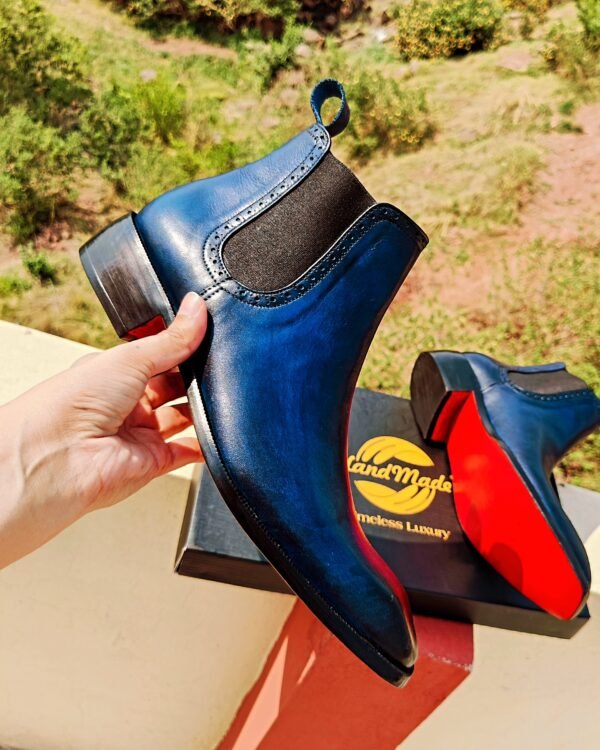 Blue Chelsea Boots with chiseled toe design – handcrafted leather footwear for men