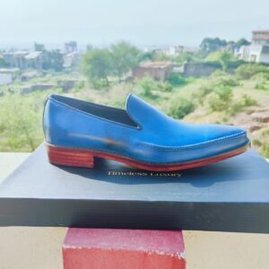 Blue handmade leather loafers LF-BL-010 with single and double sole options