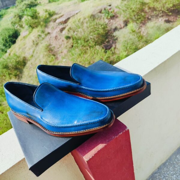 Blue handmade leather loafers LF-BL-010 with single and double sole options