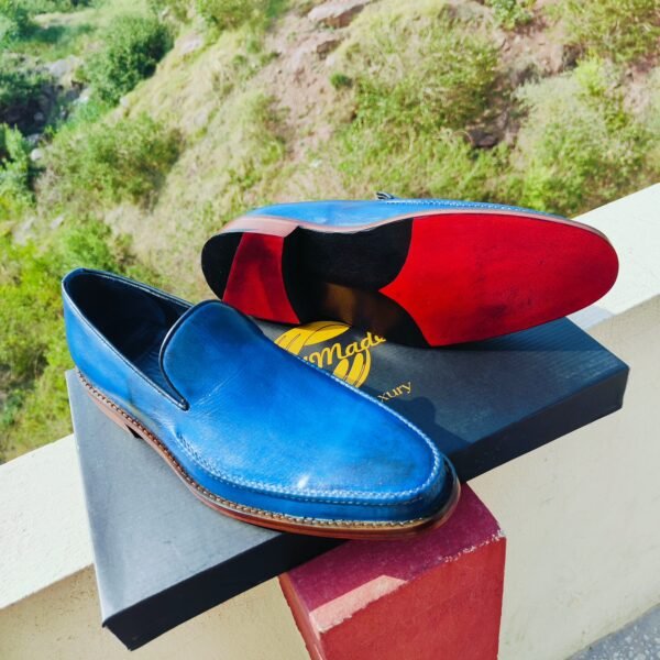 Blue handmade leather loafers LF-BL-010 with single and double sole options