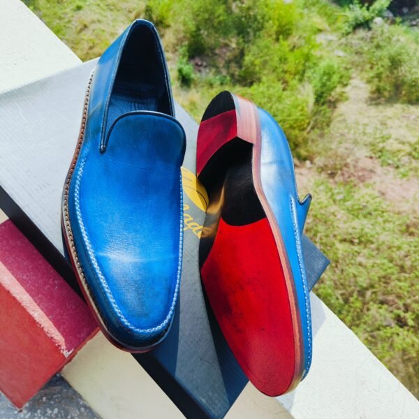 Blue handmade leather loafers LF-BL-010 with single and double sole options