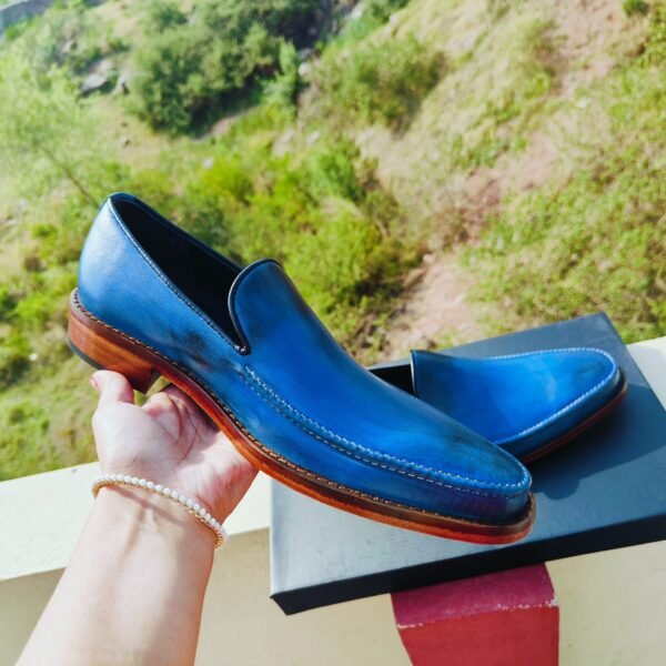 Blue handmade leather loafers LF-BL-010 with single and double sole options