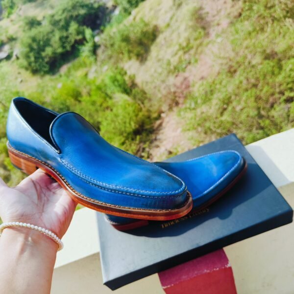 Blue handmade leather loafers LF-BL-010 with single and double sole options