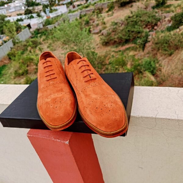 Handmade Captoe Oxford shoes in Orange Tan Suede with Leather Sole