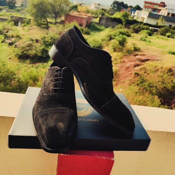 Black suede captoe oxfords for men – classic formal shoes with soft texture – OX-CO-020