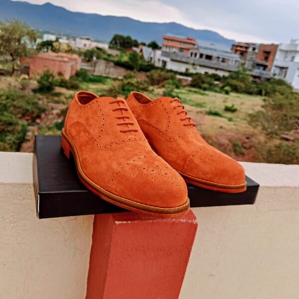 Handmade Captoe Oxford shoes in Orange Tan Suede with Leather Sole