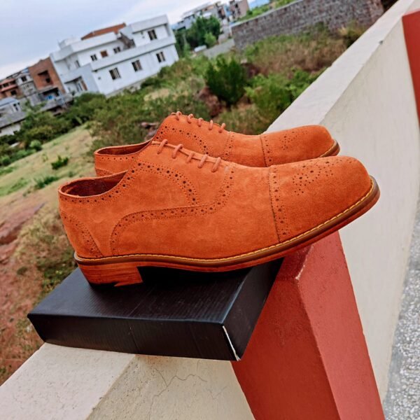 Handmade Captoe Oxford shoes in Orange Tan Suede with Leather Sole