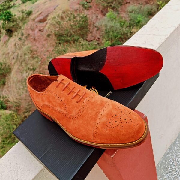 Handmade Captoe Oxford shoes in Orange Tan Suede with Leather Sole