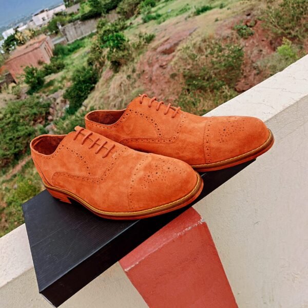 Handmade Captoe Oxford shoes in Orange Tan Suede with Leather Sole
