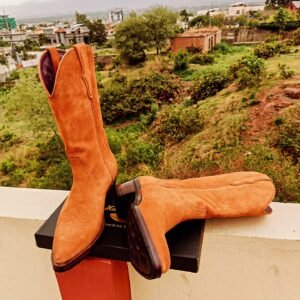 Handmade cowboy suede boots in orange tan shade with double leather and rubber sole by Handmade Artisans