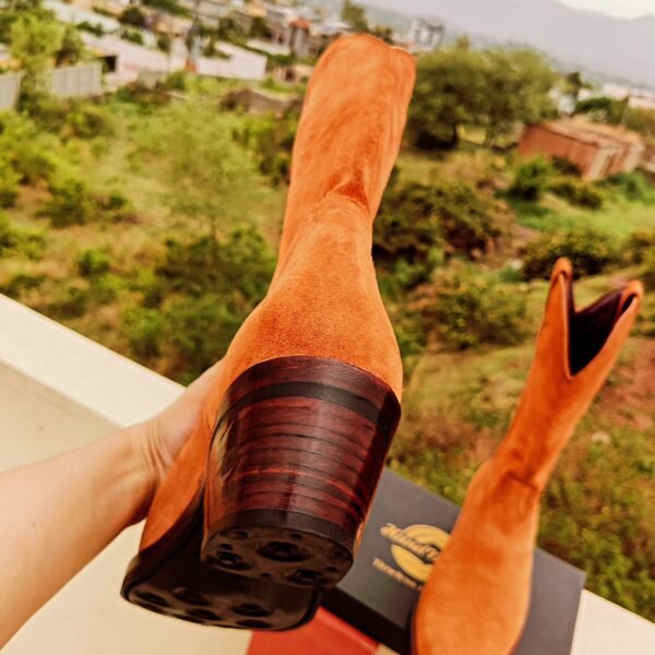 Handmade cowboy suede boots in orange tan shade with double leather and rubber sole by Handmade Artisans