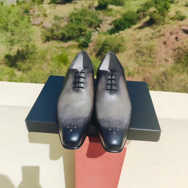Dual tone wholecut Oxfords in sand grey and black for men – handcrafted leather shoes – OX-DTW-016