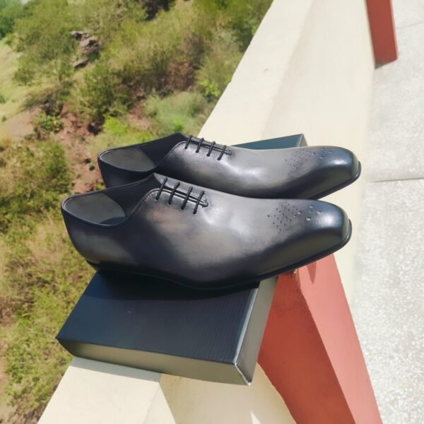 Dual tone wholecut Oxfords in sand grey and black for men – handcrafted leather shoes – OX-DTW-016