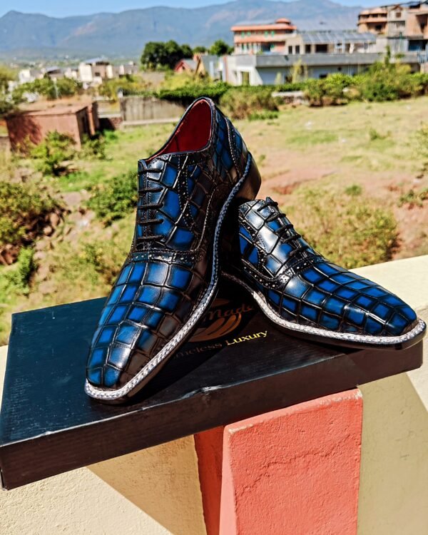 Norwegian Welt Oxfords in croc-embossed leather with luxury detailing and classic construction