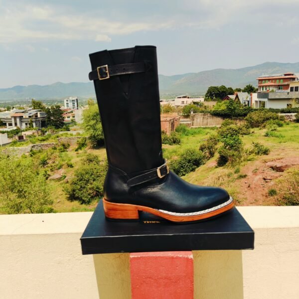 Handmade leather riding boots with Goodyear and Norwegian welt, 16-inch tall with rubber sole padding