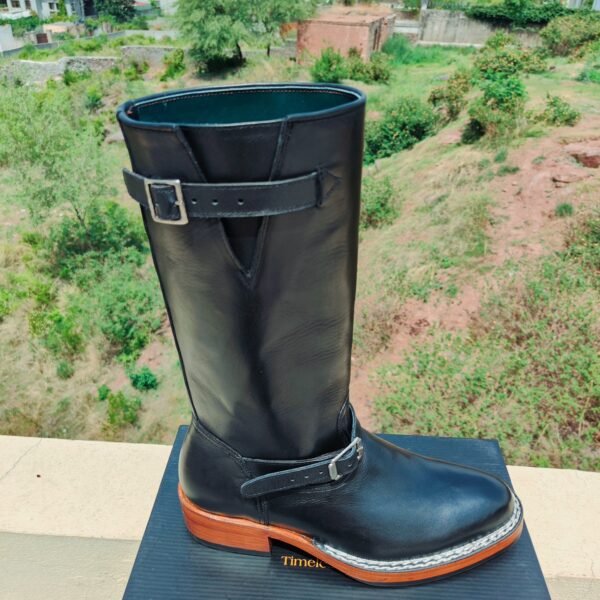 Handmade leather riding boots with Goodyear and Norwegian welt, 16-inch tall with rubber sole padding