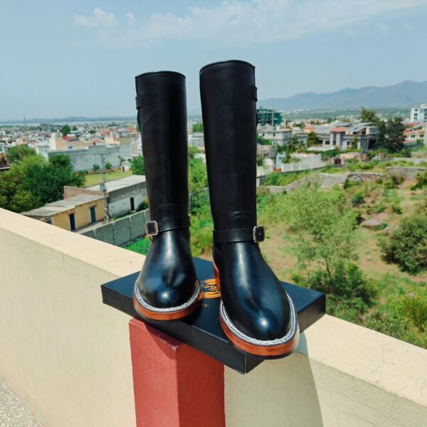 Handmade leather riding boots with Goodyear and Norwegian welt, 16-inch tall with rubber sole padding
