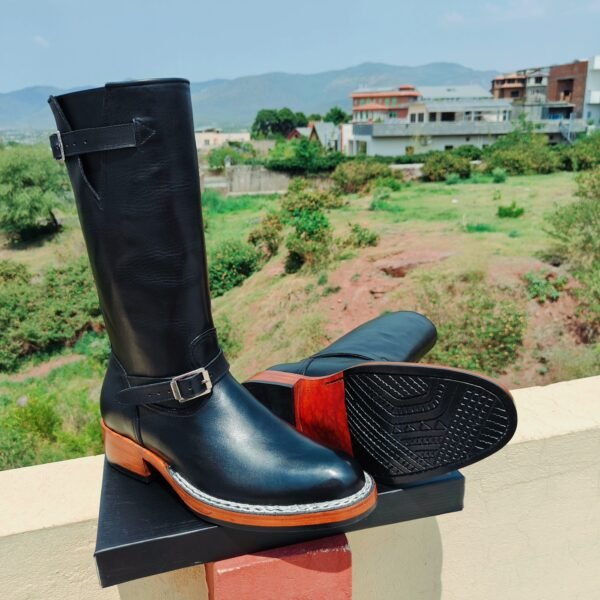 Handmade leather riding boots with Goodyear and Norwegian welt, 16-inch tall with rubber sole padding