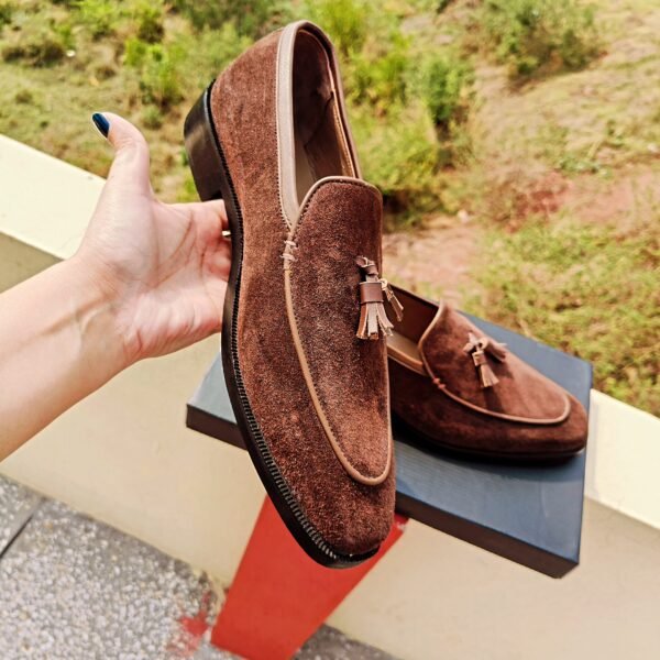 Dark brown tassel loafers LF-TL-012 – handcrafted leather shoes with rubber sole and classic slip-on style.