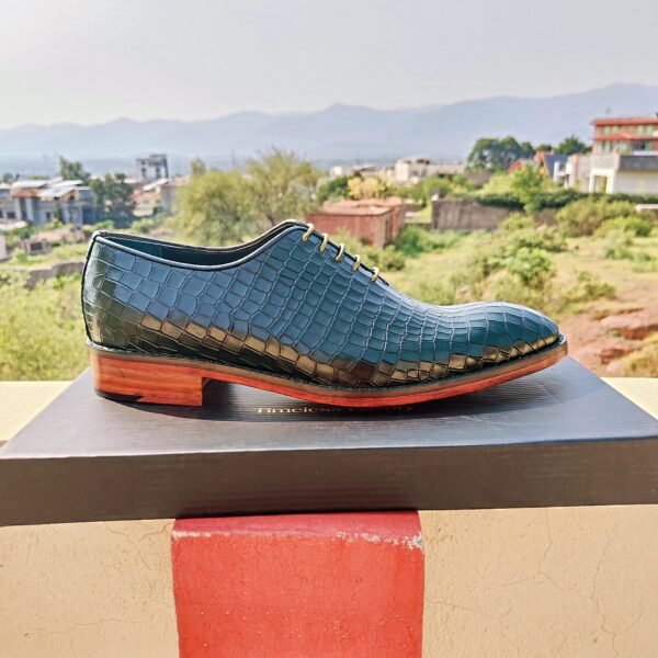 Green croc-textured wholecut leather Oxfords OX-WO-012 – premium handmade formal shoes for men.