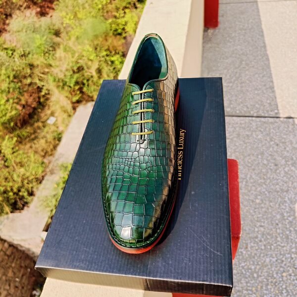 Green croc-textured wholecut leather Oxfords OX-WO-012 – premium handmade formal shoes for men.