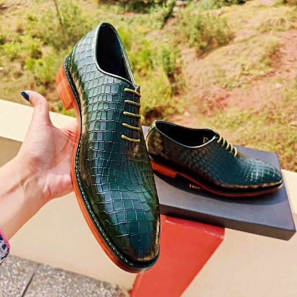 Green croc-textured wholecut leather Oxfords OX-WO-012 – premium handmade formal shoes for men.