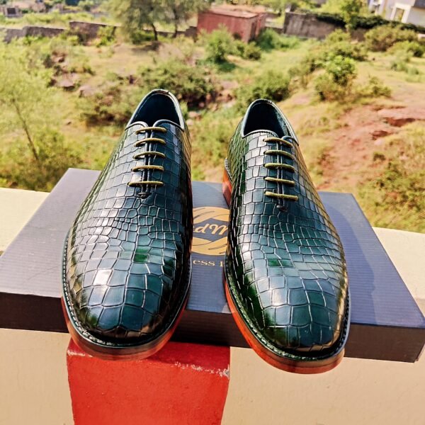Green croc-textured wholecut leather Oxfords OX-WO-012 – premium handmade formal shoes for men.