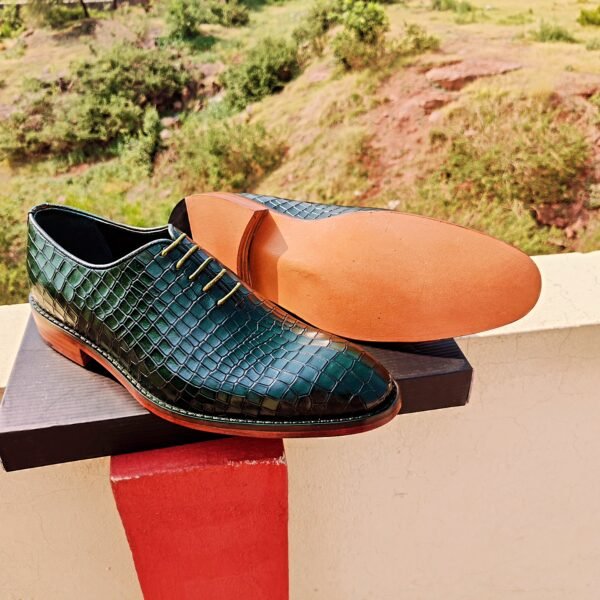 Green croc-textured wholecut leather Oxfords OX-WO-012 – premium handmade formal shoes for men.
