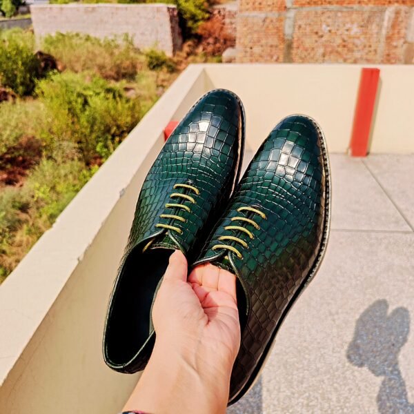 Green croc-textured wholecut leather Oxfords OX-WO-012 – premium handmade formal shoes for men.
