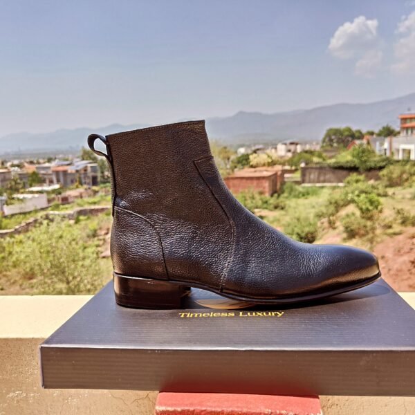 Handmade Zipper Boots BT-ZB-008 with grained leather texture, side zip closure, leather sole, and Blake stitch construction.