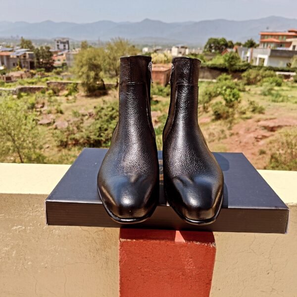 Handmade Zipper Boots BT-ZB-008 with grained leather texture, side zip closure, leather sole, and Blake stitch construction.