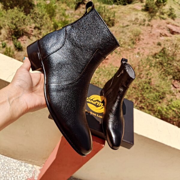 Handmade Zipper Boots BT-ZB-008 with grained leather texture, side zip closure, leather sole, and Blake stitch construction.