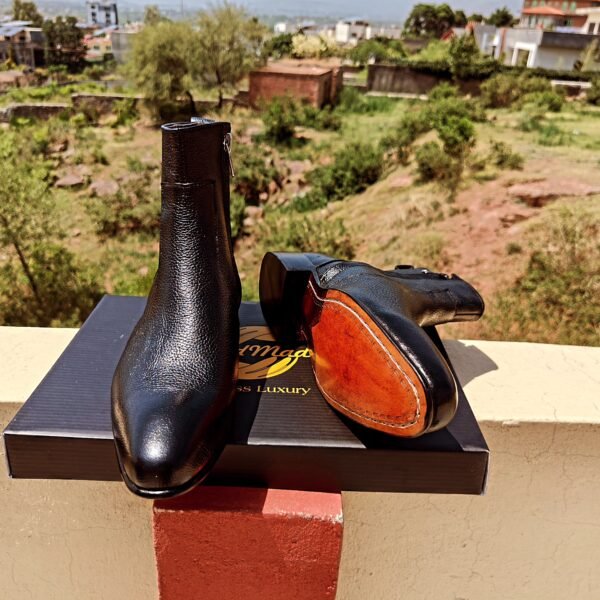 Handmade Zipper Boots BT-ZB-008 with grained leather texture, side zip closure, leather sole, and Blake stitch construction.