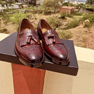 Burgundy Fringe Tassel Loafers LF-FT-021 – premium leather men's loafers with classic fringe and tassel