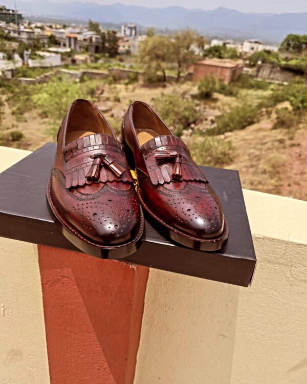Burgundy Fringe Tassel Loafers LF-FT-021 – premium leather men's loafers with classic fringe and tassel