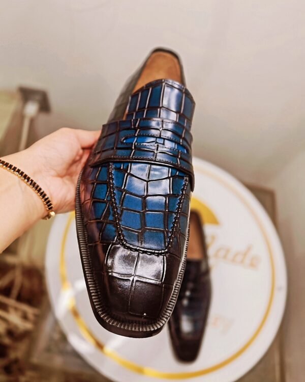 Croc Penny Loafers for men – blue crocodile-embossed leather slip-on shoes – LF-CP-022