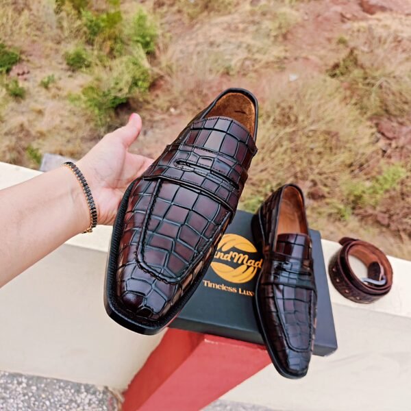 Croc Penny Loafers with matching belt – crocodile embossed leather men’s formal shoes – LF-CP-023