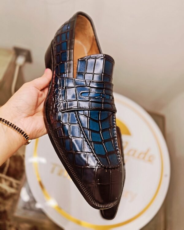 Croc Penny Loafers for men – blue crocodile-embossed leather slip-on shoes – LF-CP-022
