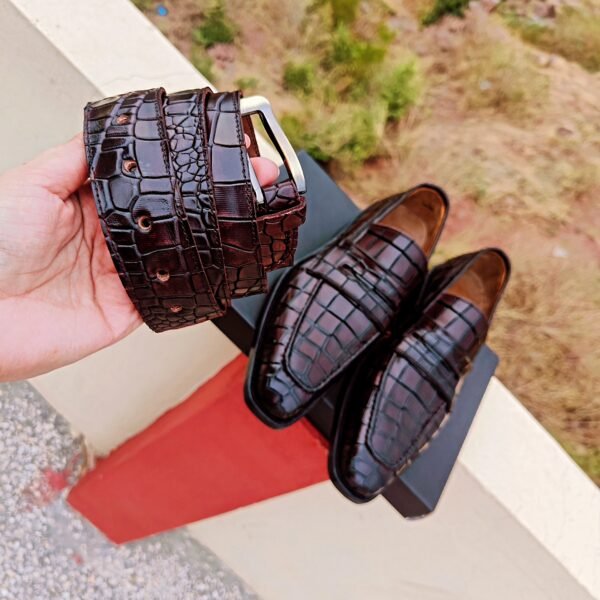 Croc Penny Loafers with matching belt – crocodile embossed leather men’s formal shoes – LF-CP-023