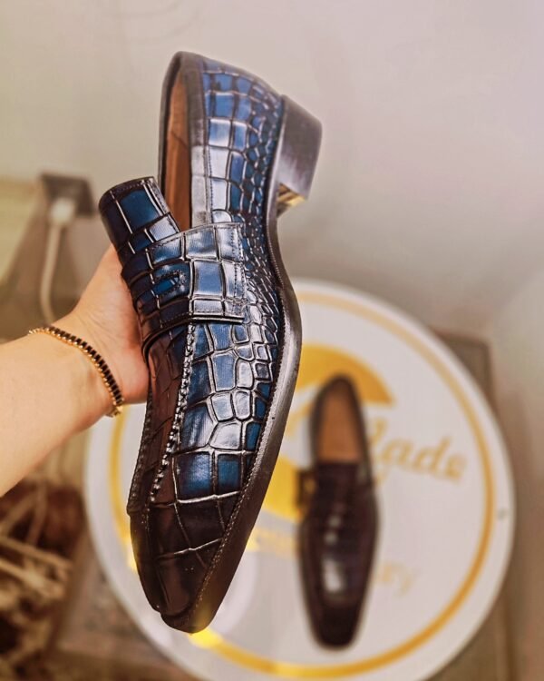 Croc Penny Loafers for men – blue crocodile-embossed leather slip-on shoes – LF-CP-022