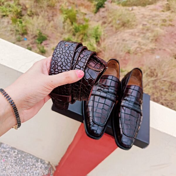 Croc Penny Loafers with matching belt – crocodile embossed leather men’s formal shoes – LF-CP-023