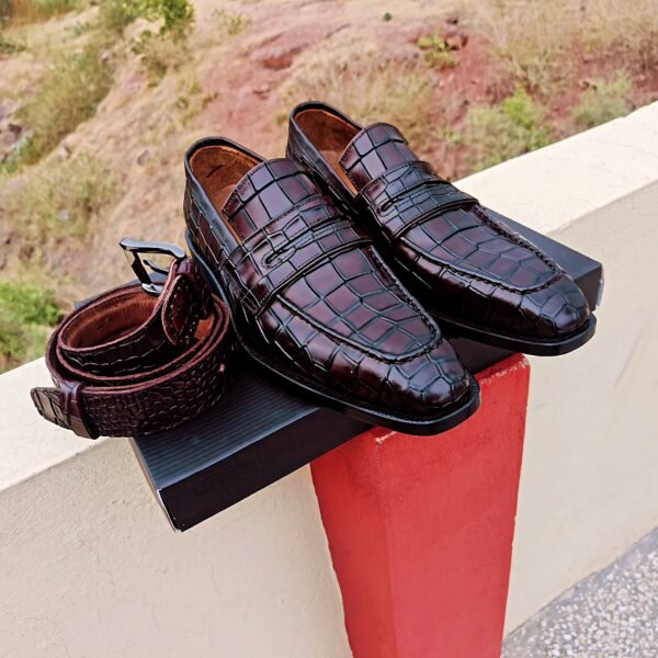Croc Penny Loafers with matching belt – crocodile embossed leather men’s formal shoes – LF-CP-023